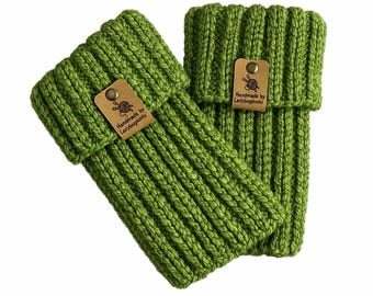 Hand Knit Boot Cuffs – Spinach Green Ribbed Leg Warmers, Cozy Winter Accessories