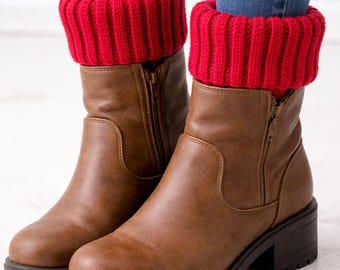 Cherry Red Knit Ribbed Boot Cuffs – Handmade Leg Warmers, Cozy Winter Accessories