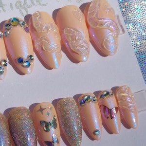Angelic Alien Nail Set 24 piece FULL SET Handmade, Reusable, Hand Painted, Ready to Ship! Free application kit with every set!
