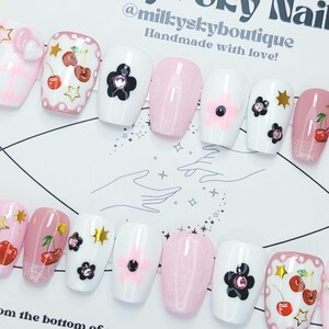 Cherry Picnic Gyaru Jfashion Vibes Nails 24 piece FULL SET Handmade, Reusable, Hand Painted, Ready to Ship! Application kit with every set!