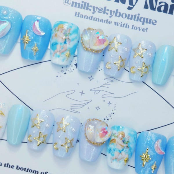 Set d'ongles bleu angélique élégance 24 pièces ENSEMBLE COMPLET Fait à la main, réutilisable, peint à la main, prêt à être expédié ! Kit d'application gratuit avec chaque commande !