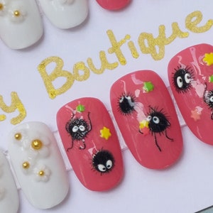 Spirited Away Soot Sprite Nail Set 20 piece FULL SET Handmade, Reusable, Hand Painted, Ready to Ship! Free application kit with every set!