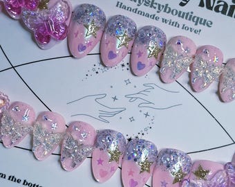 Set de uñas inspirado en Dolly Parton con diseño de mariposa, 24 piezas, juego completo. Hecho a mano, reutilizable, pintado a mano. ¡Listo para enviar! Incluye kit de aplicación con cada pedido.
