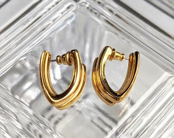 Vintage Monet Ribbed Abstract Hoop Gold Tone Pierced Post Earrings