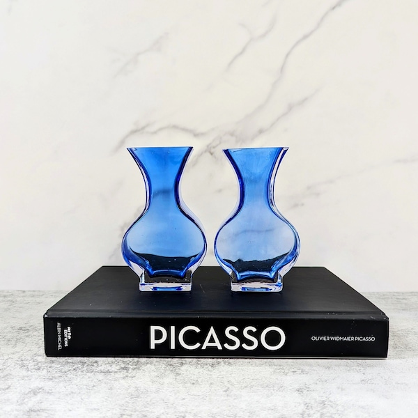 Vintage Cobalt Blue Art Glass Hourglass Bud Vases