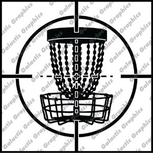 Op de afbeelding: Zwart-witte illustratie van een disc golf basket met een richtkijker op de achtergrond.