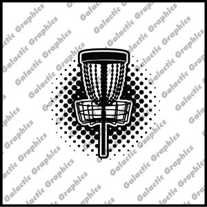 May include: Black and white illustration of a disc golf basket with a chain link design. The basket is set against a black and white polka dot background.