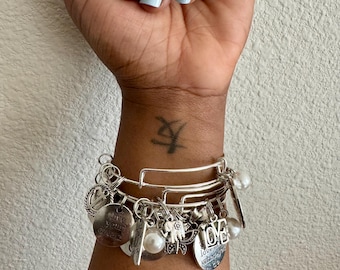 Charm & Pearls Bracelet, Plain Jane Charm Bracelet, Bangle Bracelets With Charms, Silver Charms, Bangle Set, Bangles For Women, Pearls