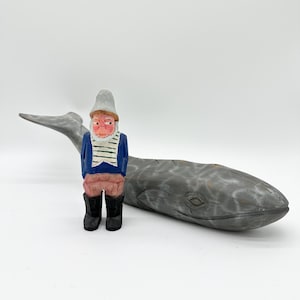 Vintage hand Carved Wood Fisherman “Old Salt”  and Bamboo Root Whale Carving
