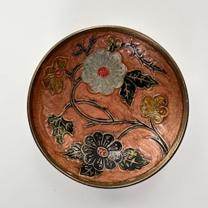 Vintage Enesco Solid Brass Enamel Trinket Dish Bowl 4&quot; Made in India Floral (B)