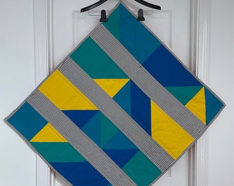Modern, Striped Baby Quilt - Blue, Yellow, Orange