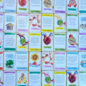 May include: A set of colorful cards with illustrations and text. The cards feature a variety of topics related to design thinking, such as ethics, diversity, strategies, and frameworks. The cards are designed to help people think differently and creatively.