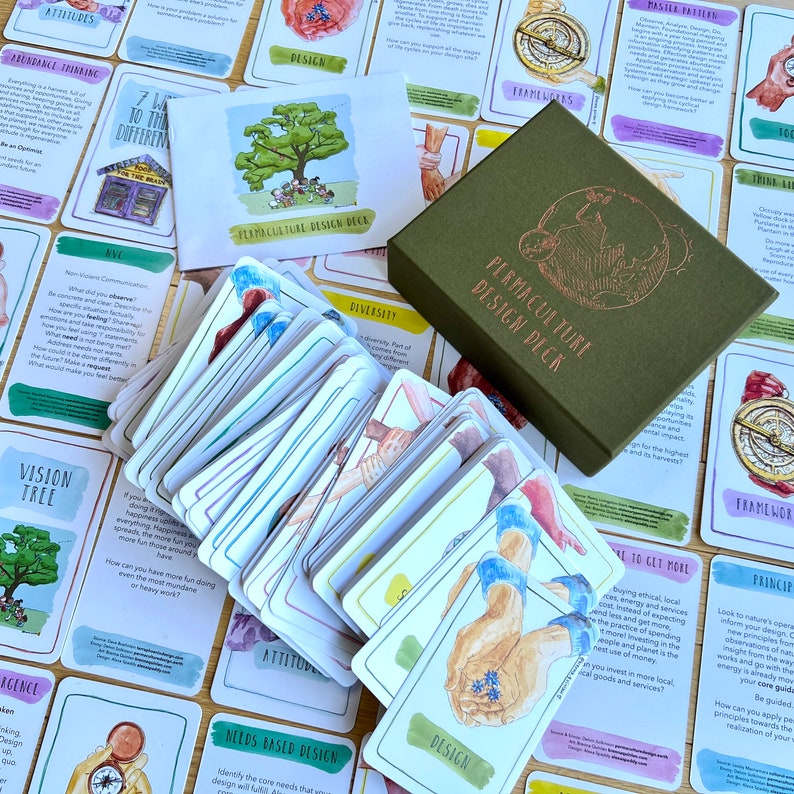 May include: A green box with the text "Permaculture Design Deck" on the front. The box contains a deck of cards with watercolor illustrations and text. The cards are spread out on a wooden table with other cards that have different designs and text.