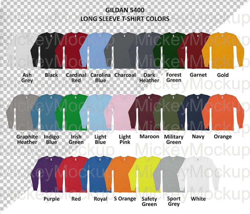 Color Chart GILDAN 5400 Long Sleeve Adult T-Shirt JPG PNG | Etsy