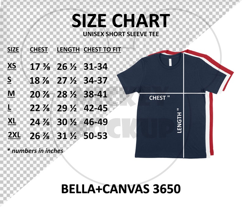 unisex bella canvas size chart