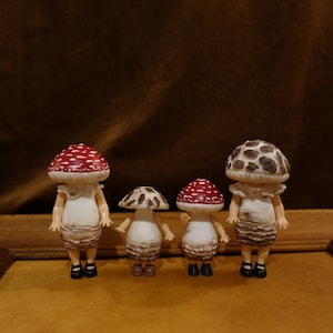 handmade mushroom doll figurines, clay mushroom, toadstool, unique gift, fungus, sculpture, collectible art, rustic vintage, amanita
