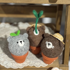 Puede incluir: Tres figuras de oso de fieltro en macetas de terracota. Uno es gris con una hoja verde, otro es marrón con un brote, y el tercero es marrón con un sombrero de paja. Los osos tienen caras blancas y ojos negros.