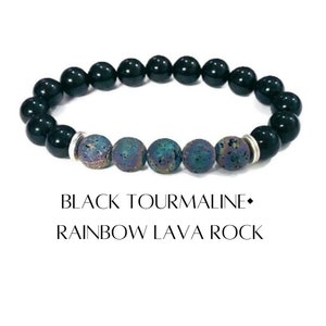 8mm Black tourmaline and rainbow lava rock bracelet with silver plated accent beads, 8mm oil diffuser bracelet