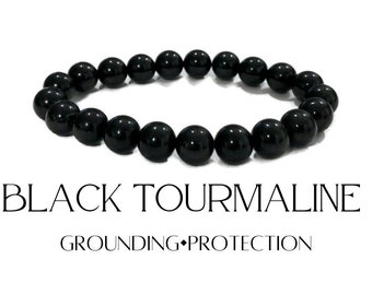 6-8mm Black tourmaline beaded stretch bracelet, healing gemstone protection mala, stacking crystal chakra grounding bracelet, meditation