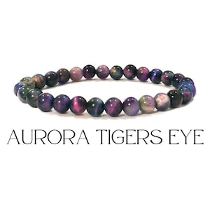6mm aurora tigers eye beaded stretch bracelet, healing gemstone stacking mala bracelet, unisex colorful yoga meditation crystal bracelet
