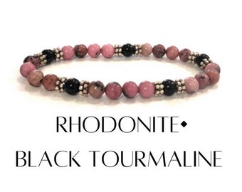 6mm rhodonite and black tourmaline beaded bracelet with silver plated accent beads