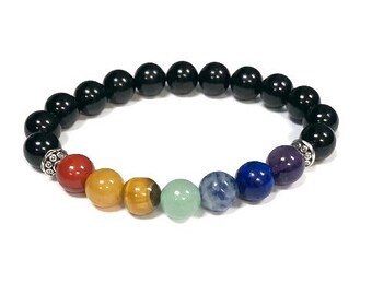 7 chakra healing mala bracelet with black tourmaline and silver accent beads
