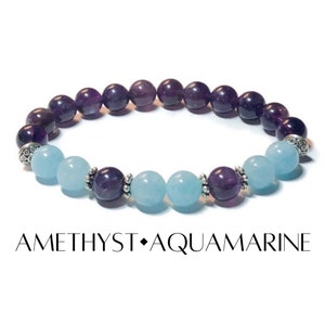 8mm amethyst and aquamarine beaded stretch bracelet, healing gemstone yoga mala, stacking crystal chakra, February March birthstone jewelry