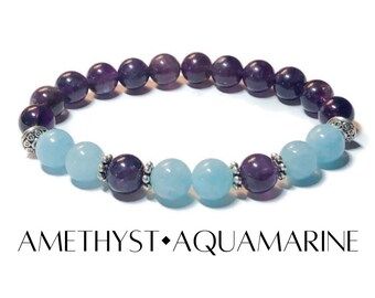 8mm amethyst and aquamarine beaded stretch bracelet, healing gemstone yoga mala, stacking crystal chakra, February March birthstone jewelry