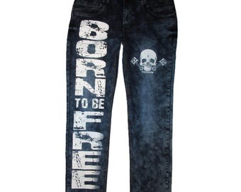 Limited Designer Jeans Unisex Men "Born to be free" Undead Vk Biker Rocker J Street Fashion Harajuku Shibuya Otaku