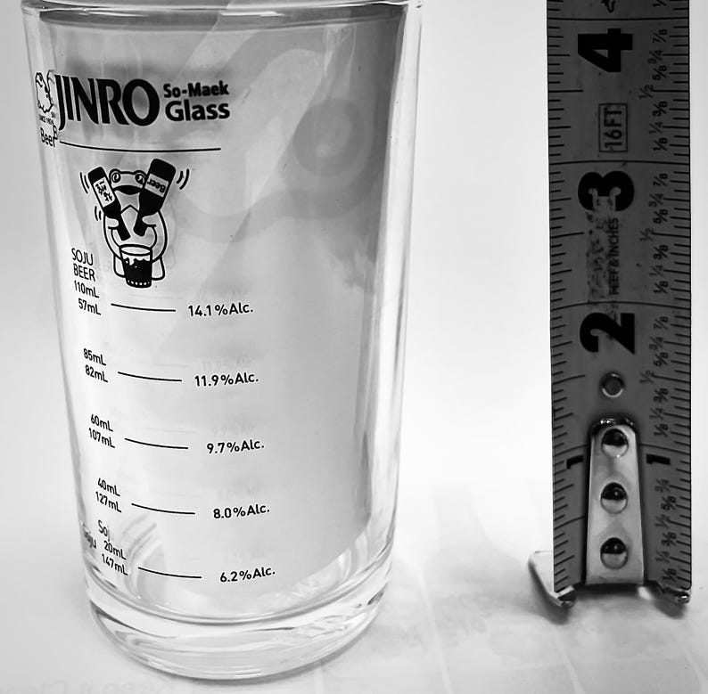 Puede incluir: Un vaso transparente de So-Maek con medidas impresas y un gr&aacute;fico de dibujos animados. El vaso mide aproximadamente 15 cm de alto. El vaso tiene medidas para Soju y Cerveza, con indicadores de porcentaje de alcohol.