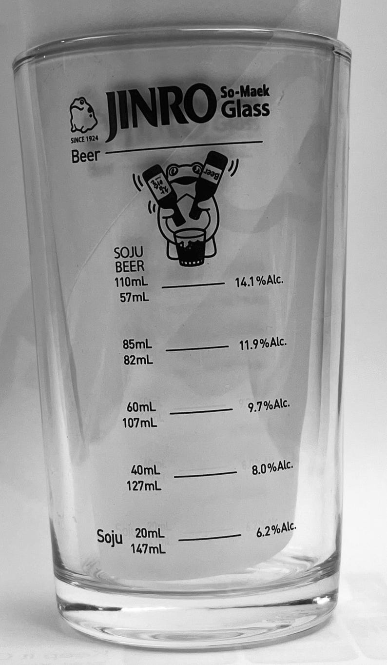 Puede incluir: Vaso transparente Jinro So-Maek con l&iacute;neas de medici&oacute;n y porcentajes de alcohol. El vaso tiene el logotipo de Jinro y una rana de dibujos animados sosteniendo botellas de cerveza. Medidas en mililitros.