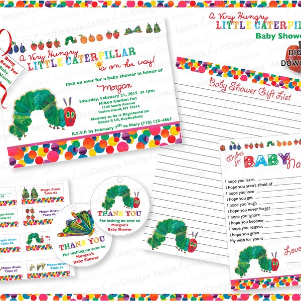 Conjunto de invitación para fiesta de bienvenida al bebé de una pequeña oruga muy hambrienta