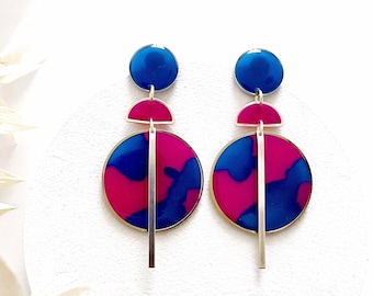 Quirky Silver Earrings, Nickel Free Purple and Blue Earrings, Large Resin Earrings, Hypoallergenic Dangle Earrings, Womens Big Earrings UK