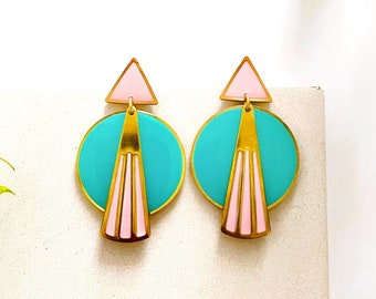 Art Deco Dangle Earrings, Fun Pink and Turquoise Earrings, Women’s Bold Earrings UK, Hypoallergenic Statement Earrings, Bright Earrings UK