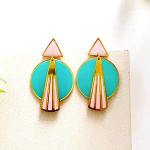 Art Deco Dangle Earrings, Fun Pink and Turquoise Earrings, Women’s Bold Earrings UK, Hypoallergenic Statement Earrings, Bright Earrings UK