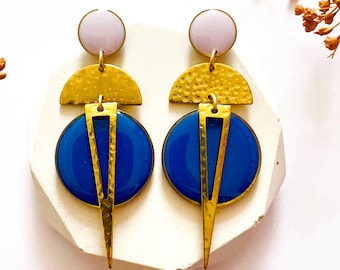 Geometric Dark Blue Earrings: Nickel-Free Brass Dangle Earrings