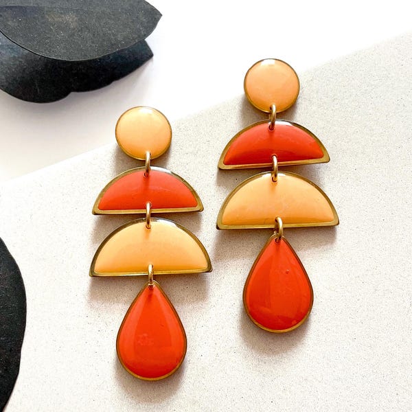 Coral Resin Dangle Earrings: Geometric Statement Jewellery