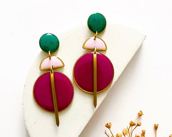 Resin and Brass Dangle Earrings: Fuchsia & Emerald, Unique Jewellery UK Seller