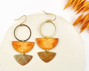 Long Dangle Earrings For Women, Resin Boho Earrings, Womens Orange and Gold Earrings, Modern Statement Earrings UK, Contemporary Earrings