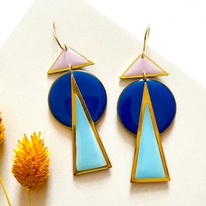 Big Blue Dangle Earrings: Handmade Colour-block Resin Earrings