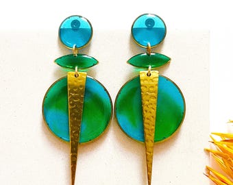 Blue and Green Statement Earrings: Colourful Dangle Stud Earrings