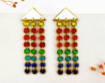 Rainbow Dangle Earrings, Long Stud Dangle Earrings, Statement Shoulder Duster Earrings, Womens Unique Colourful Earrings, Resin Jewellery UK