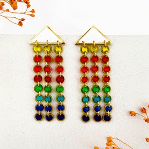 Rainbow Dangle Earrings, Long Stud Dangle Earrings, Statement Shoulder Duster Earrings, Womens Unique Colourful Earrings, Resin Jewellery UK