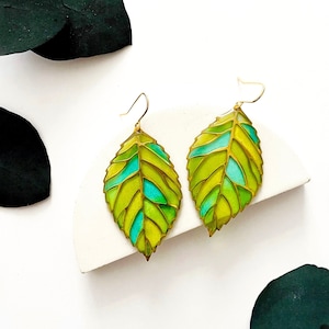 Leaf Dangle Earrings, Green Earrings UK, Statement Leaf Earrings, Colourful Resin Earrings, Big Lightweight Earrings Nature Lovers Gift image 1