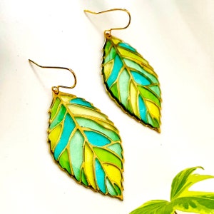 Leaf Dangle Earrings, Green Earrings UK, Statement Leaf Earrings, Colourful Resin Earrings, Big Lightweight Earrings Nature Lovers Gift image 3