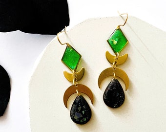 Glitter Drop Earrings, Elegant Earrings For Women, Statement Boho Earrings, Celestial Resin Earrings, Green and Black Moon Earrings UK Shop