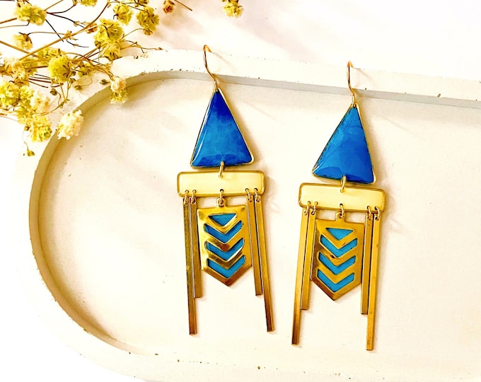 Blue Statement Earrings, Boho Earrings For Women, Colourful Shoulder Duster Earrings, Huge Triangle Earrings, Beautiful Earrings UK Shop