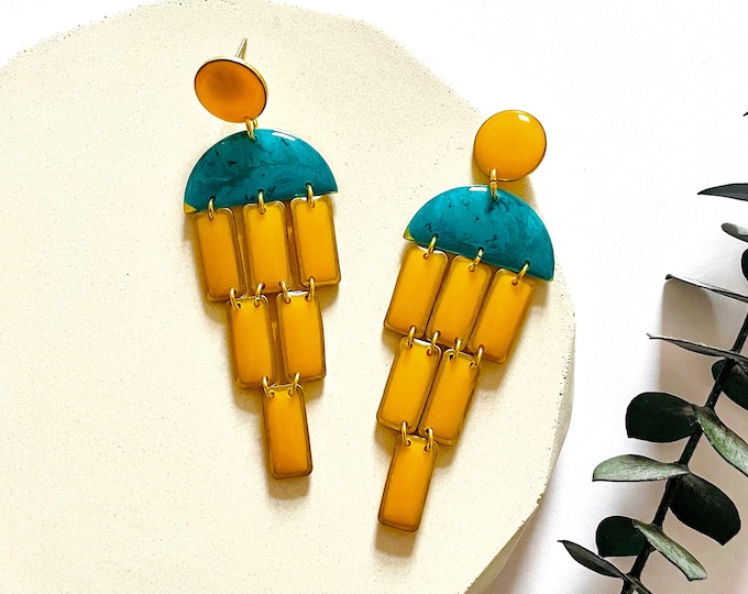 Retro Green and Yellow Earrings, Vintage Style Dangle Earrings, Colourful Earrings For Women, Nickel Free Statement Earrings, Gift For Her