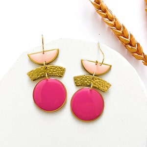 Pink Dangle Earrings, Womens Resin Earrings In The UK, Statement Art Deco Earrings, Hammered Brass Earrings, Hypoallergenic Pretty Earrings