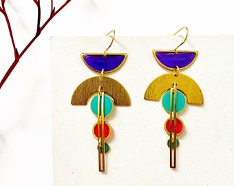 Multicolour Statement Earrings, Geometric Brass Earrings, Big Resin Earrings, Arch Dangle Earrings, Womens Large Earrings, Unique Gifts UK